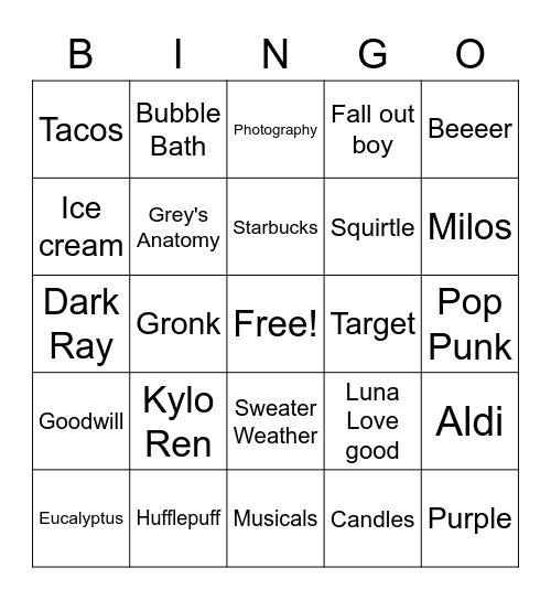 Brianna's bday Bingo Card