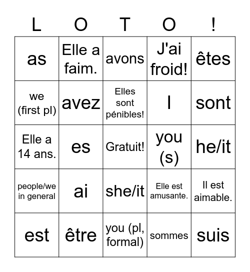 Être et Avoir...Lequel? Bingo Card