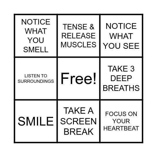 Mindfulness Bingo Card