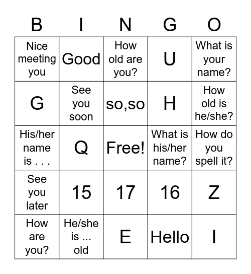 Greetings Bingo Card