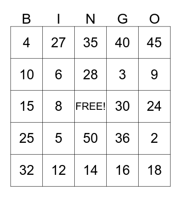 Multiplication Bingo Card