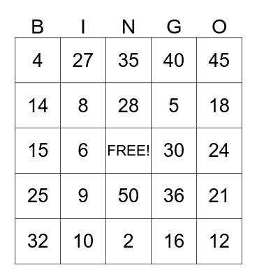 Multiplication Bingo Card