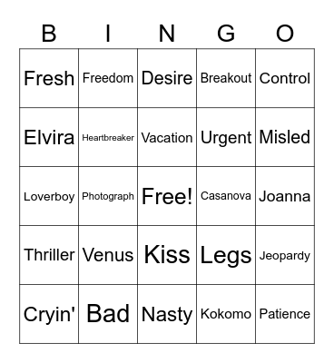 80S Hits Bingo Card
