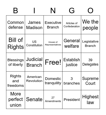 Constitution Day Bingo Card