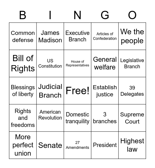 Constitution Day Bingo Card