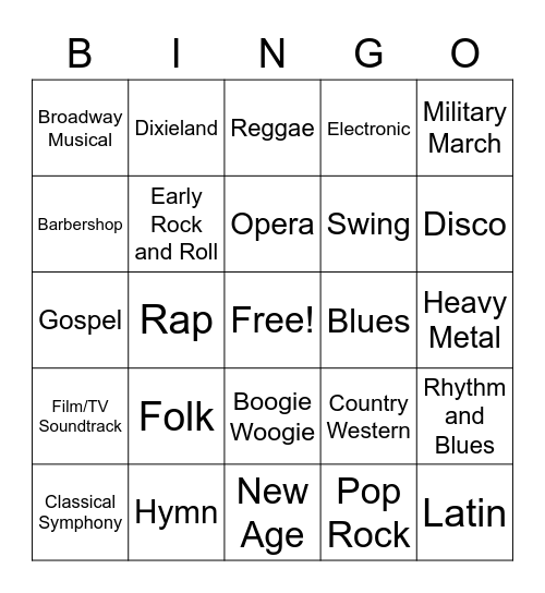 Musical Styles Bingo Card