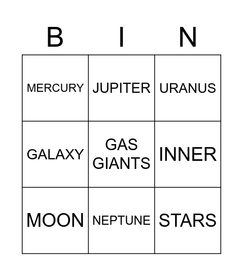 Solar System Bingo Card