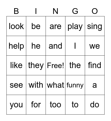 Sight Words Bingo Card