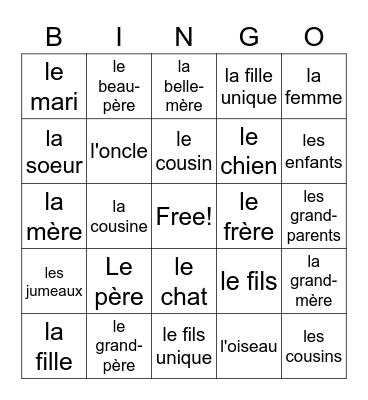 La Famille -Family Members & Pets Bingo Card