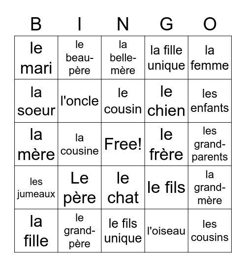 La Famille -Family Members & Pets Bingo Card