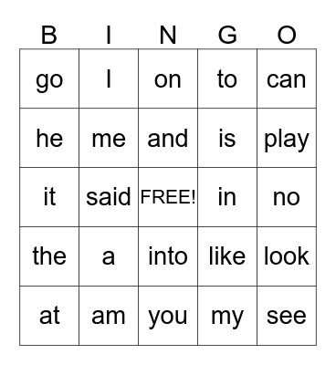 sight words Bingo Card