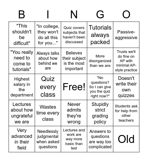 Teacher who gets the worst scores in the department bingo Card