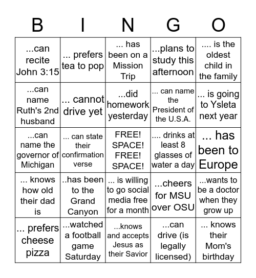 YOUTH GROUP BINGO -- Find Someone who... Bingo Card