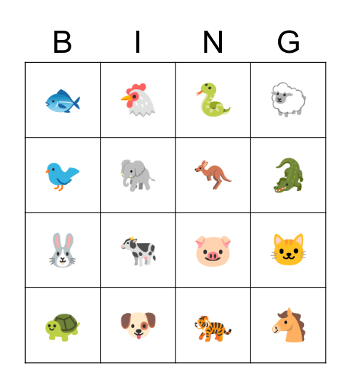 les animaux Bingo Card