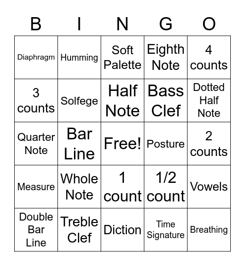 7/8th Grade Choir Bingo Card