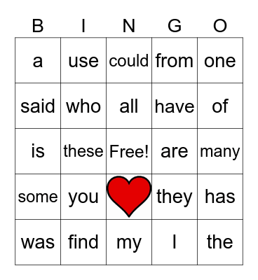Heart Words Bingo Card