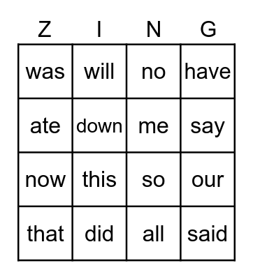 Kindergarten Heart Words 2 Bingo Card