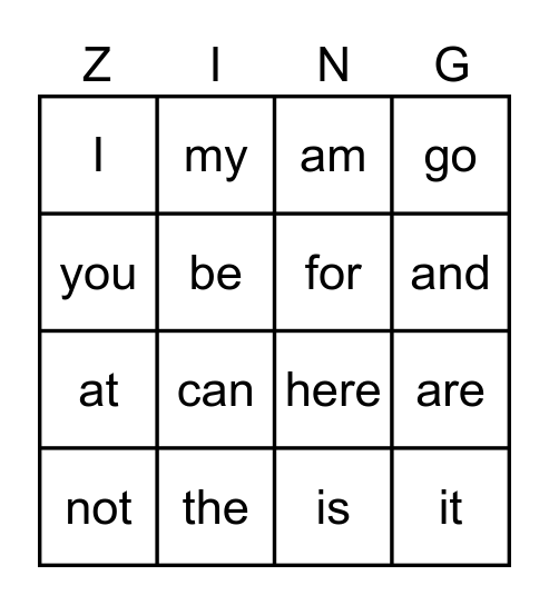 K Heart Words 1 Bingo Card