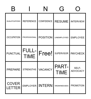 Vocational Vocabulary Bingo Card