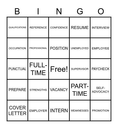 Vocational Vocabulary Bingo Card