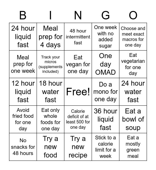 Diet Bingo Card