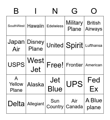 Airplane Bingo Card
