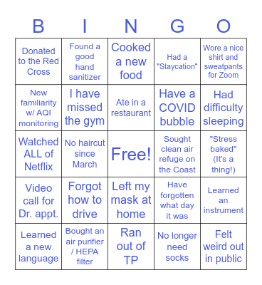 COVID / Wildfire Survivor Bingo Card