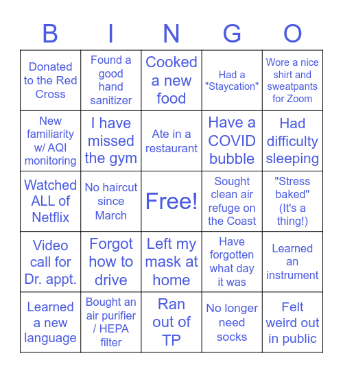 COVID / Wildfire Survivor Bingo Card