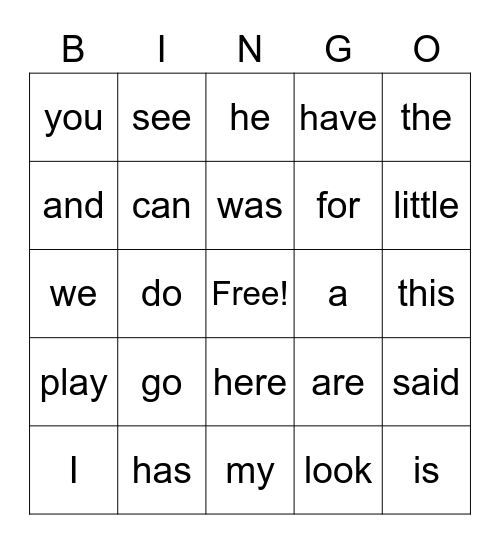 Sight Word Bingo Card