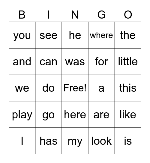 Sight Word Bingo Card