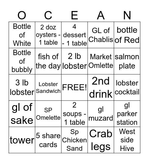 Ocean Brunch Bingo 11/9/14 Bingo Card