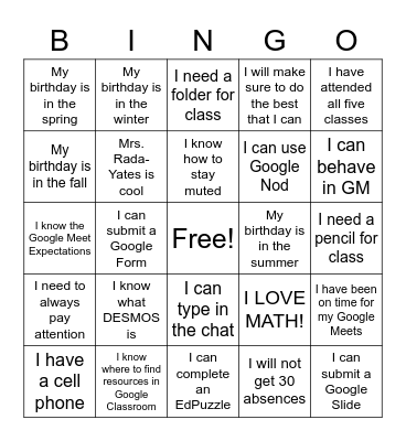Math 8 Back to School BINGO Card