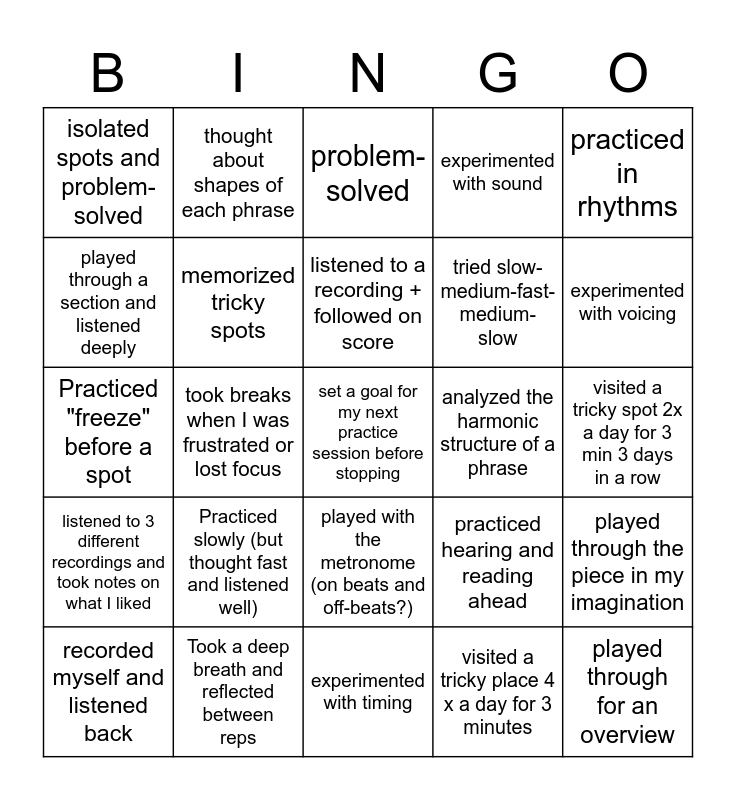 Practice Bingo Card