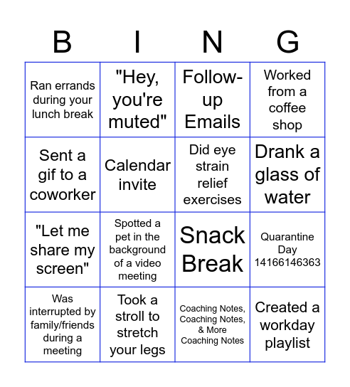 Remote Work Bingo Card