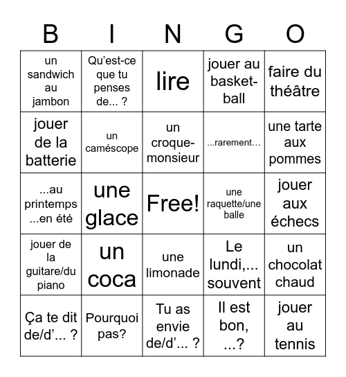 vocab 1,2 Bingo Card