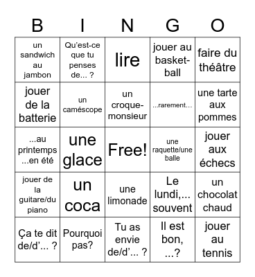 French Vocab Bingo Card