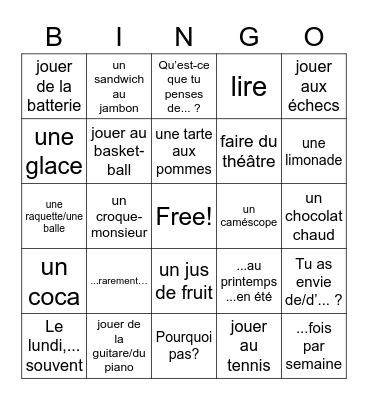 French Vocab Bingo Card