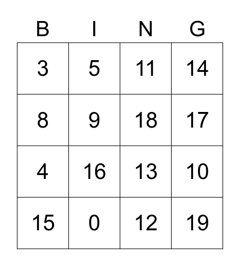 0-15 Bingo Card