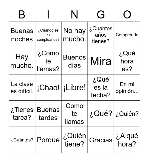 frases básicas Bingo Card