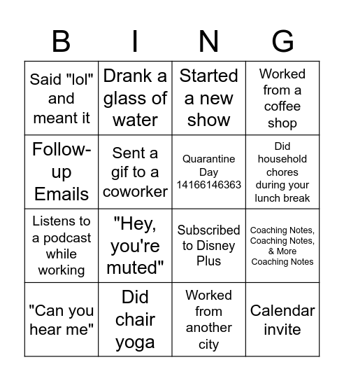 Remote Work Bingo Card