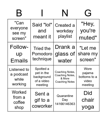 Remote Work Bingo Card