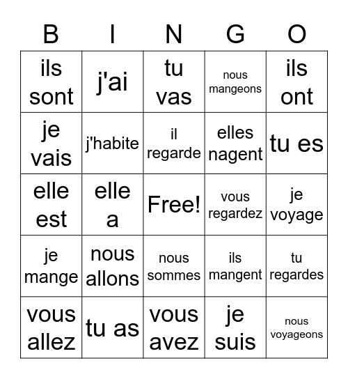 les verbes Bingo Card