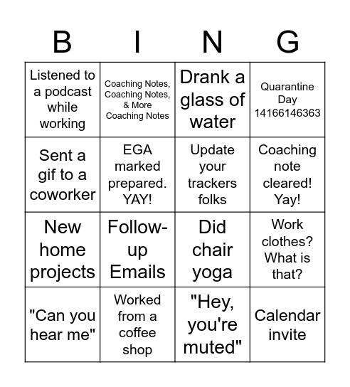 Remote Work Bingo Card