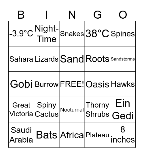 Desert Bingo Card