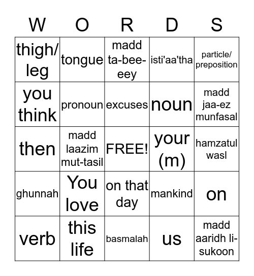 Al-Qiyaamah Bingo Card