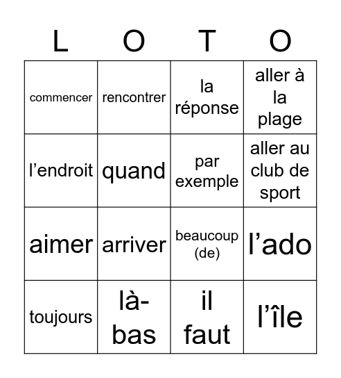 2hv chapitre 1 voca ABE Bingo Card