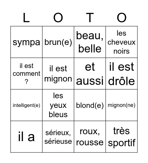 2hv chapitre 1 voca ABE Bingo Card