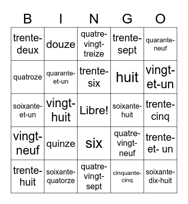 French numbers Bingo Card
