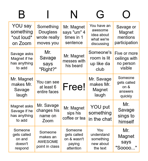 American Lit with Mr. Savage & Mr. Magnet Bingo Card