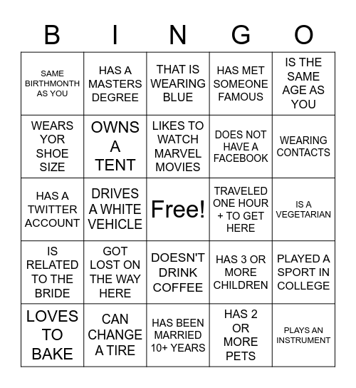 FIND THE GUEST Bingo Card